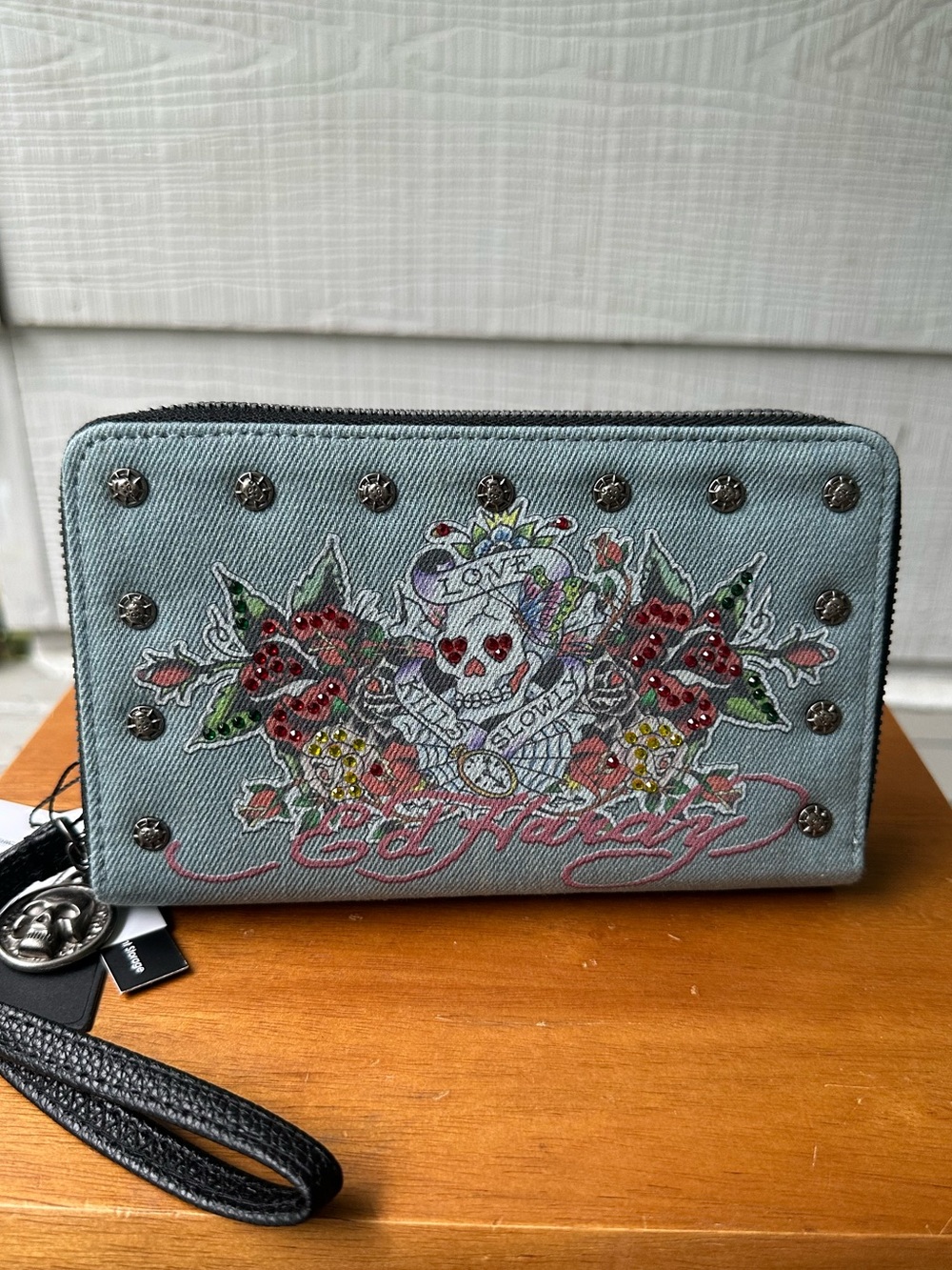 Ed Hardy "Love Kills Slowly" Denim Rhinestones Tattoo Skull Wristlet Wallet NWT